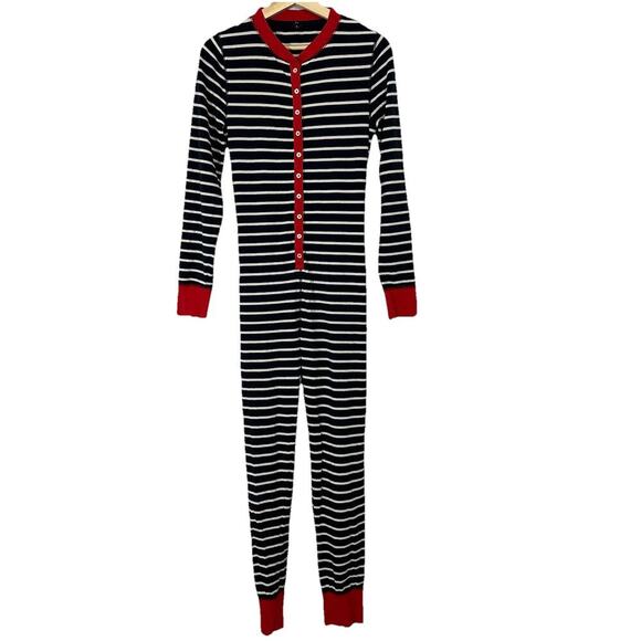 J Crew Union Suit One Piece Pajama Womens M Blue Striped Back Flap Henley - Picture 1 of 16